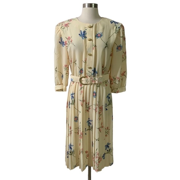 Vintage Dresses & Skirts - Vintage Breli Originals Made In The USA Yellow Belted Floral Print Dress Size 14